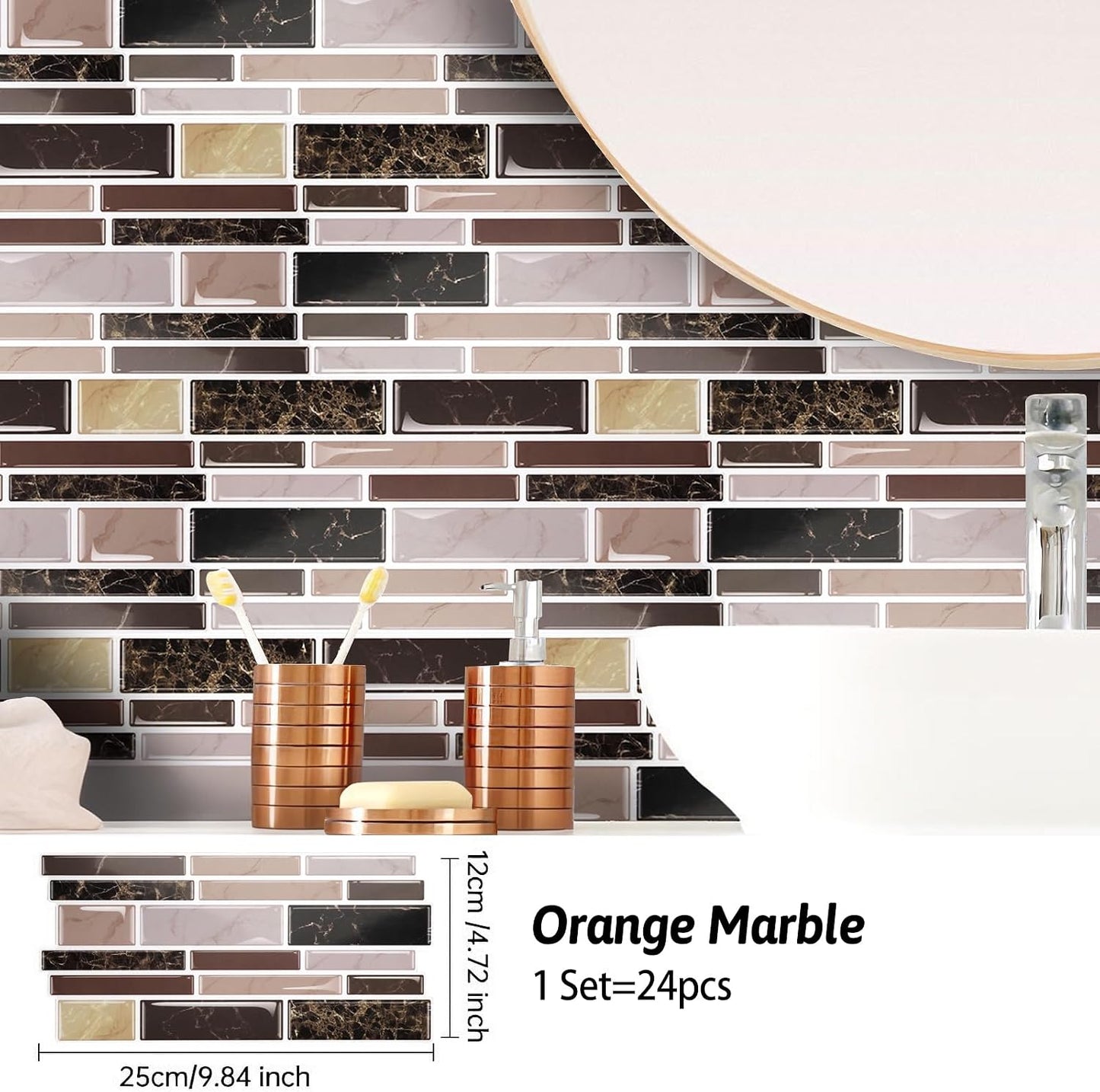 24 Sheet Peel and Stick Tile Backsplash Sticks for Kitchen 10"x 5" Back Splashes Self Adhesive Waterproof Tile Wall Paper for Bathroom Kitchen Backsplash, RV, Fireplace, Black/White Marble Look