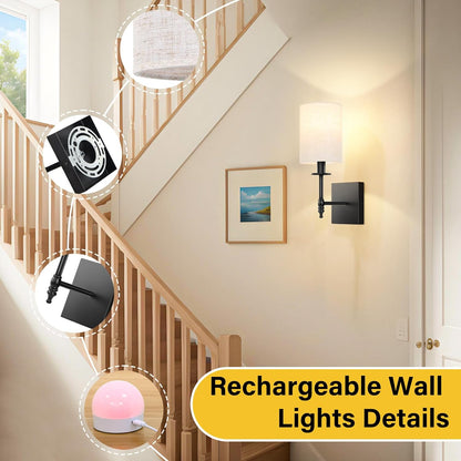 24.8 Inch Black Battery Operated Wall Sconces Set of 2, Rechargeable Wireless Wall Lights with Remote & White Fabric Shade, Indoor Not Hardwired Dimmable Wall Lamps for Bedroom, 2 Bulbs Included