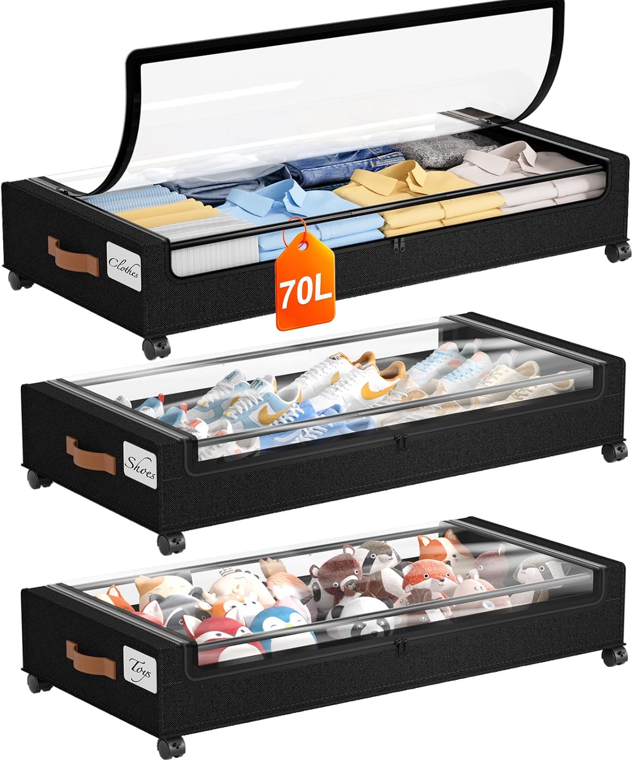 Yecaye Under Bed Storage with Wheels, 2 Pack Under Bed Storage Containers, 60L Underbed Shoe Storage with Clear Window & Label, Rolling Under Bed Metal Drawer for Clothes, Shoes, Books, Blankets