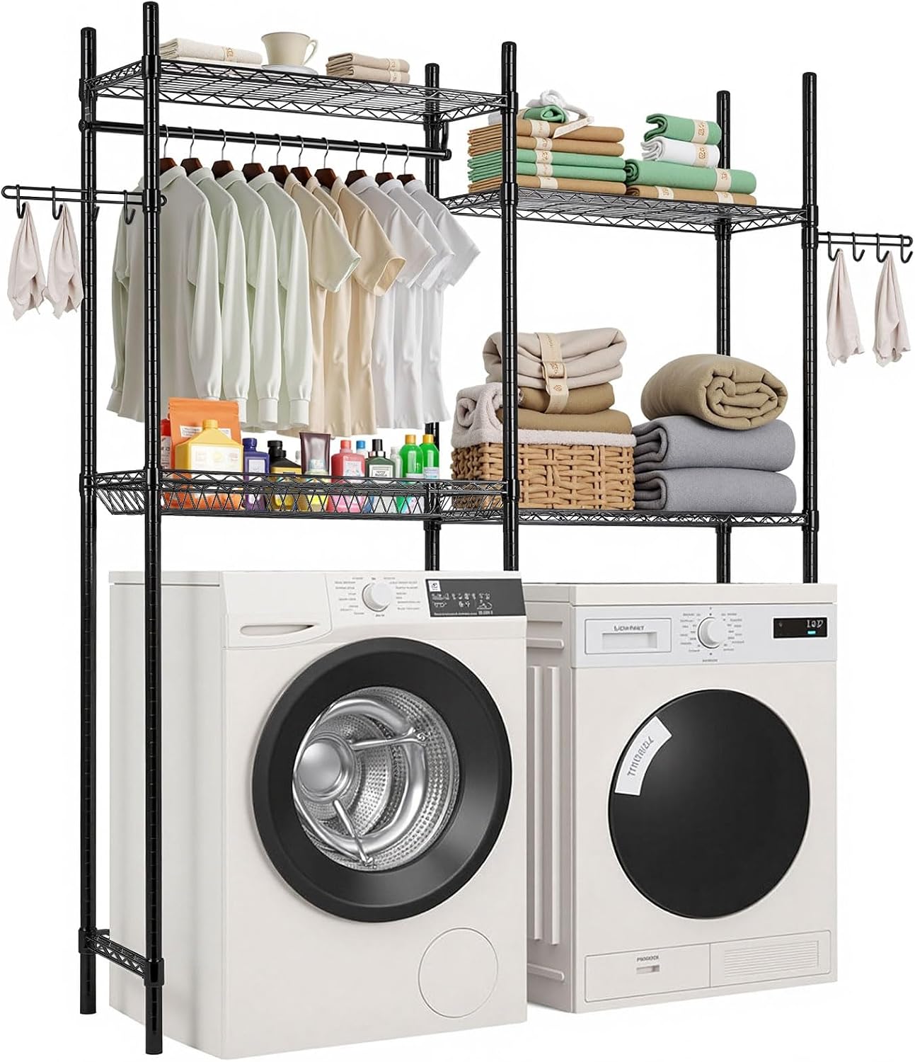 VEVOR Over The Washer and Dryer Storage Shelf, 3 Tier Laundry Room Drying Rack with Hanger Rod and Hooks, Adjustable Over Washer and Dryer Shelves, Laundry Room Shelf Storage Space Saver, Black
