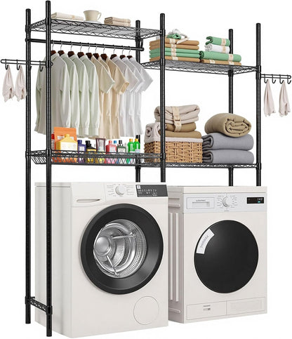 VEVOR Over The Washer and Dryer Storage Shelf, 3 Tier Laundry Room Drying Rack with Hanger Rod and Hooks, Adjustable Over Washer and Dryer Shelves, Laundry Room Shelf Storage Space Saver, Black