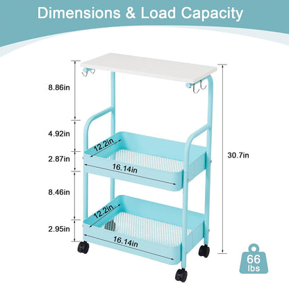 VECELO Storage Rolling Cart, 4 Tier Utility Cart Kitchen Slim Mobile Storage Unit Organizers with Wheels Hooks&Hanging Cups for Bedroom Bathroom Office Table Side in Narrow Places, White