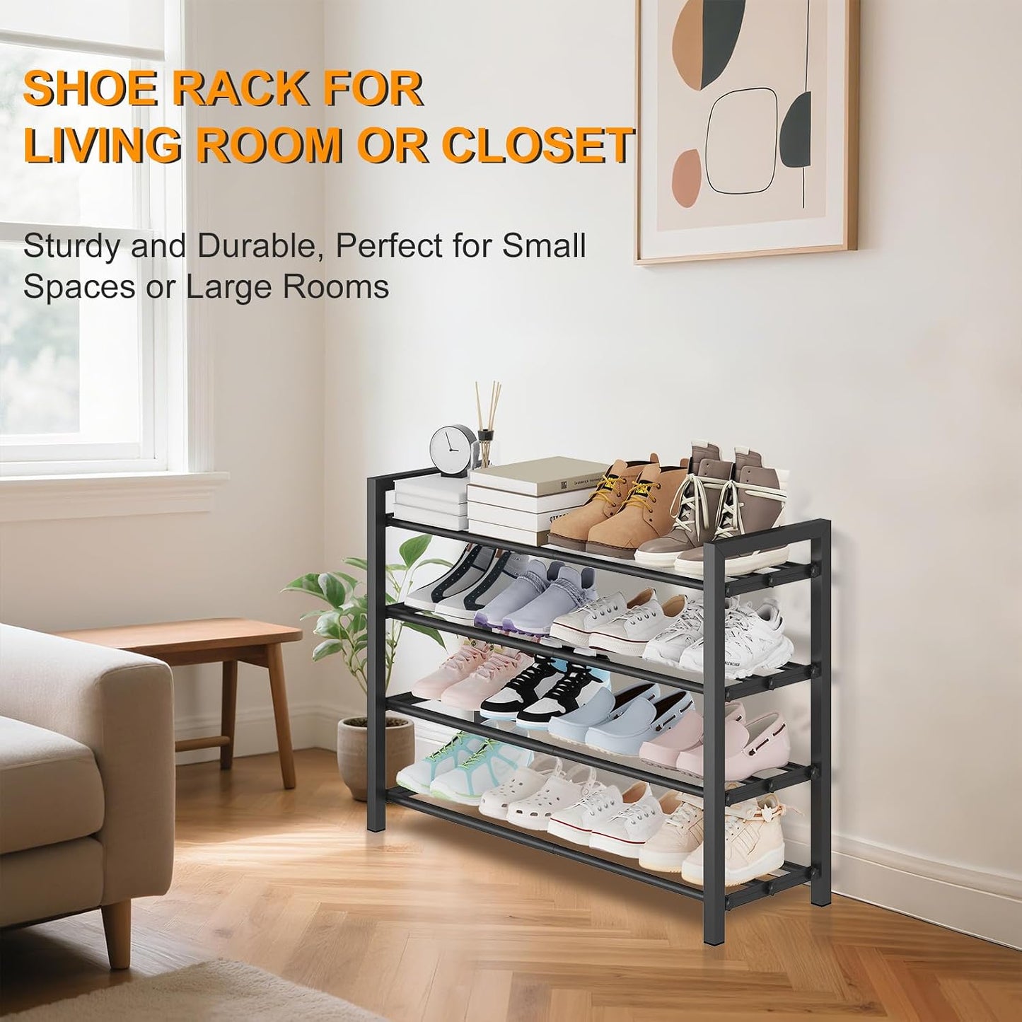 Detsuk 4-Tier Expandable Shoe Rack – Adjustable Metal Shoe Organizer for Closet, Entryway & Mudroom – Stackable, Heavy-Duty Storage, Black