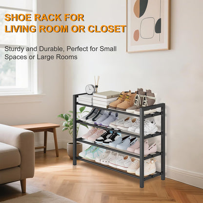 Detsuk 4-Tier Expandable Shoe Rack – Adjustable Metal Shoe Organizer for Closet, Entryway & Mudroom – Stackable, Heavy-Duty Storage, Black