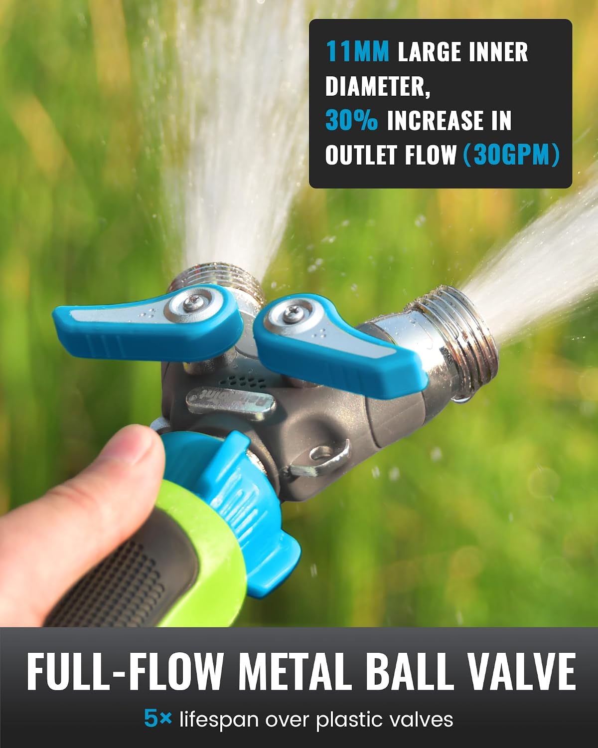 RAINPOINT 2 Way Garden Hose Splitter | Heavy Duty Water Spigot Splitter with Shutoff Valves, 100% Metal Body, 1.9" Extra Long Metal Handle, 3/4" GHT Thread