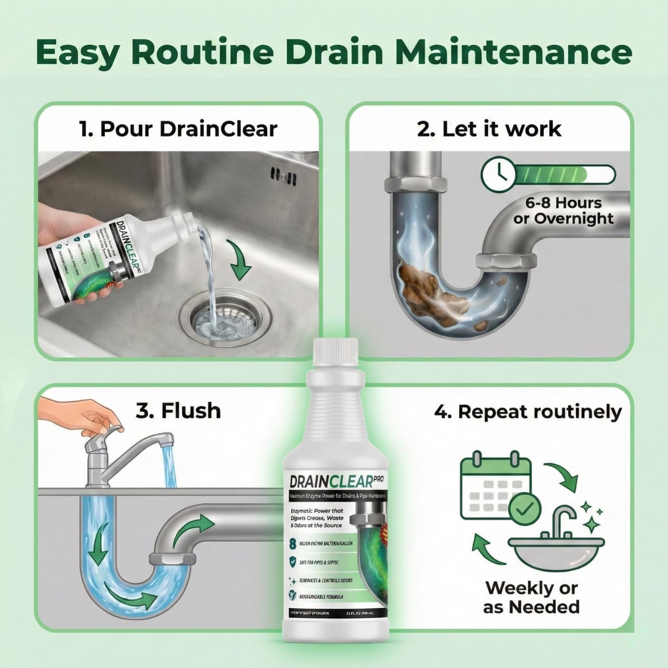 DrainClear Pro Enzyme Drain Cleaner 32oz - Enzymatic Liquid Hair and Grease Clog Remover, Kitchen Sink, Bathroom, and Shower Drain Cleaner, Pipe Maintainer, Septic Safe Enzyme Cleaner and Treatment