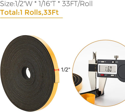 33 Feet Weather Stripping Door Seal- 1/2" Wide X 1/4" Thick Door Bottom Seal Strip High Density Foam Tape Adhesive Rubber Strip for Door Soundproofing,Window Insulation (1/2" x 1/4" x 33FT,Black)