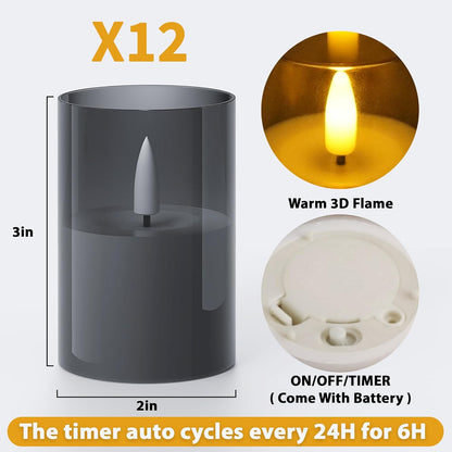 VIODAIM 12Pack Flickering Flameless LED Candles with Remote & Timer, Battery Powered - Small Pillar & Votive, Clear (2"X3")