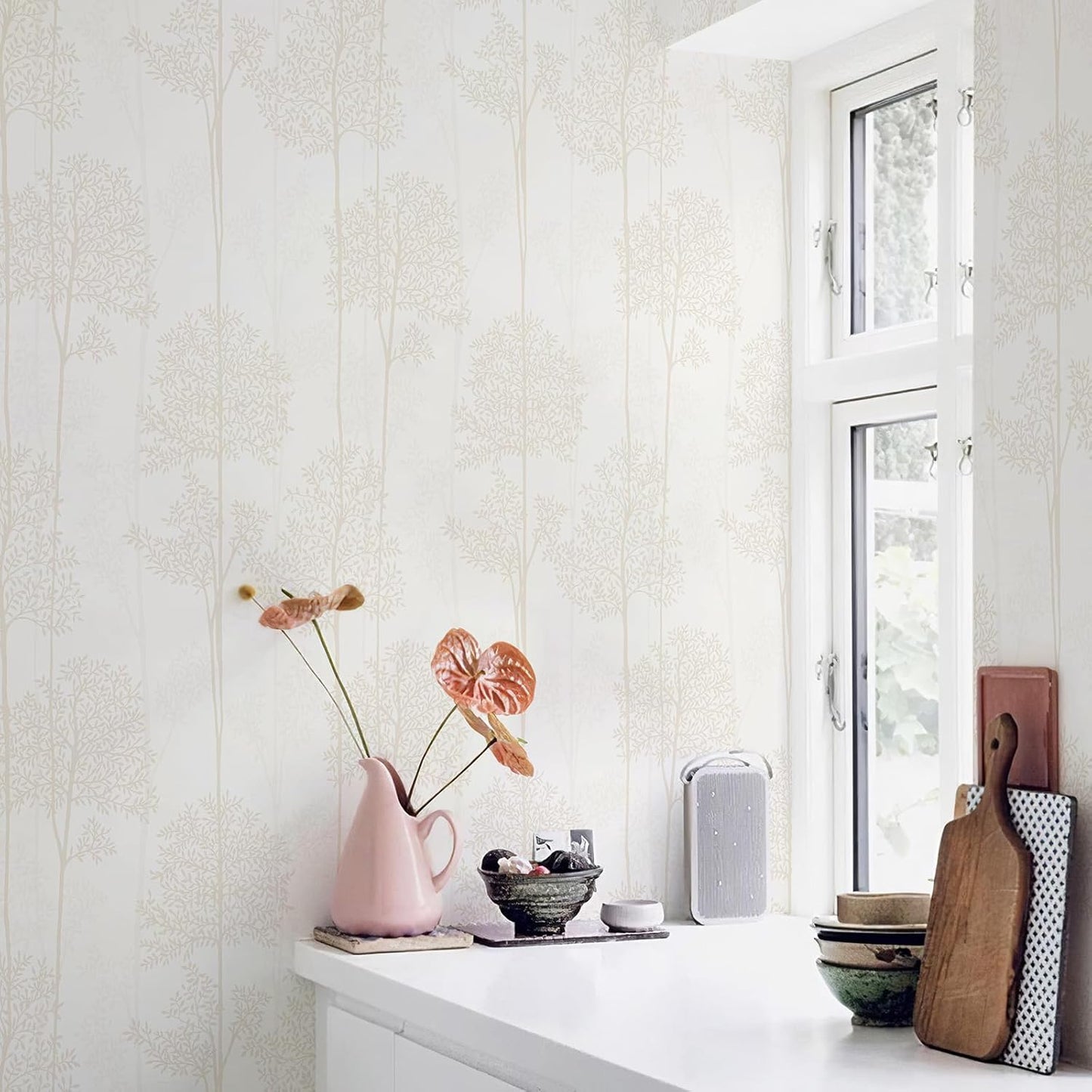 JiffDiff Warm White Self Adhesive Wallpaper with Waterproof, Farmhouse Removable Peel and Stick Wallpaper for Bathroom and Cabinets Decor, Botanical Renter Friendly Contact Paper 17.3" X 120"