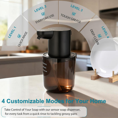 Automatic Foaming Soap Dispenser for Bathroom: 4-Level Adjustable Countertop/Wall Mount Hand Soap Dispenser, 13.5oz/400ml Type-C Rechargeable – Suitable for Kitchen, Bathroom, Office, Hotel (Black)