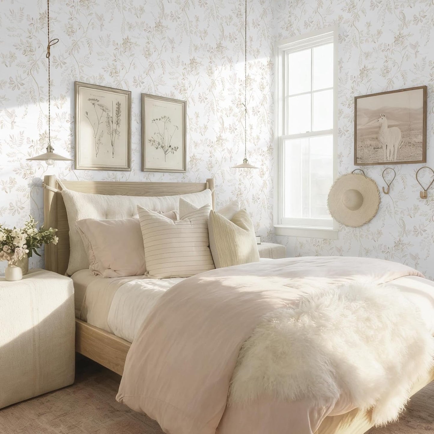 Dimoon 17.3''x78.7'' Vintage Peel and Stick Wallpaper Boho Beige Neutral Contact Paper White Floral Bird Wallpaper Removable Botanical Renter Friendly Modern Wall Paper Bedroom Bathroom Vinyl Roll