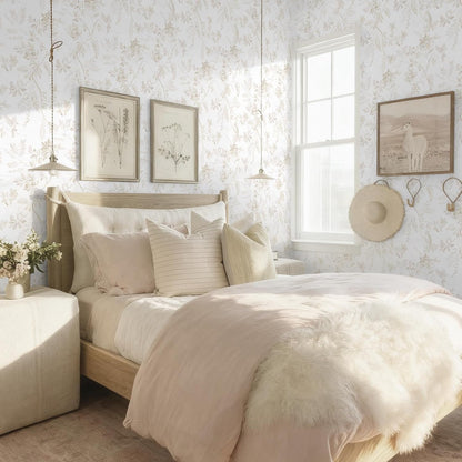 Dimoon 17.3''x78.7'' Vintage Peel and Stick Wallpaper Boho Beige Neutral Contact Paper White Floral Bird Wallpaper Removable Botanical Renter Friendly Modern Wall Paper Bedroom Bathroom Vinyl Roll
