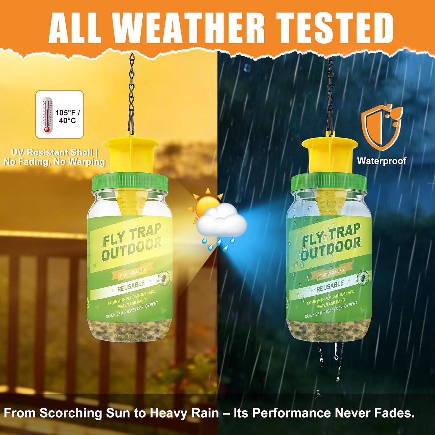 3 Pack Fly Traps Outdoor with 6 Natural Bait Refills | Reusable Hanging Fly Catcher for Patio, Garden, Orchard, Yard, Ranch and Horse Farm