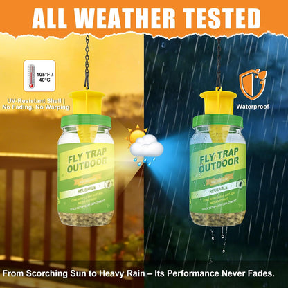3 Pack Fly Traps Outdoor with 6 Natural Bait Refills | Reusable Hanging Fly Catcher for Patio, Garden, Orchard, Yard, Ranch and Horse Farm