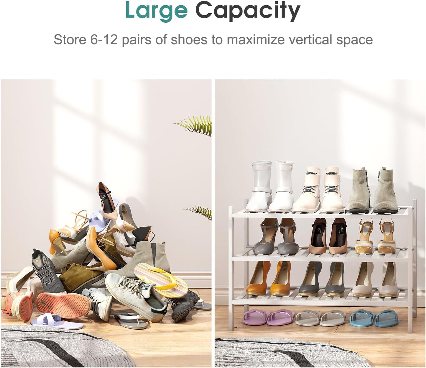 viewcare 3-Tier Black Bamboo Shoe Rack for Entryway, Stackable | Foldable | Natural, Shoe Shelf Storage Organizer for Hallway Closet, Free Standing Shoe Racks for Indoor Outdoor