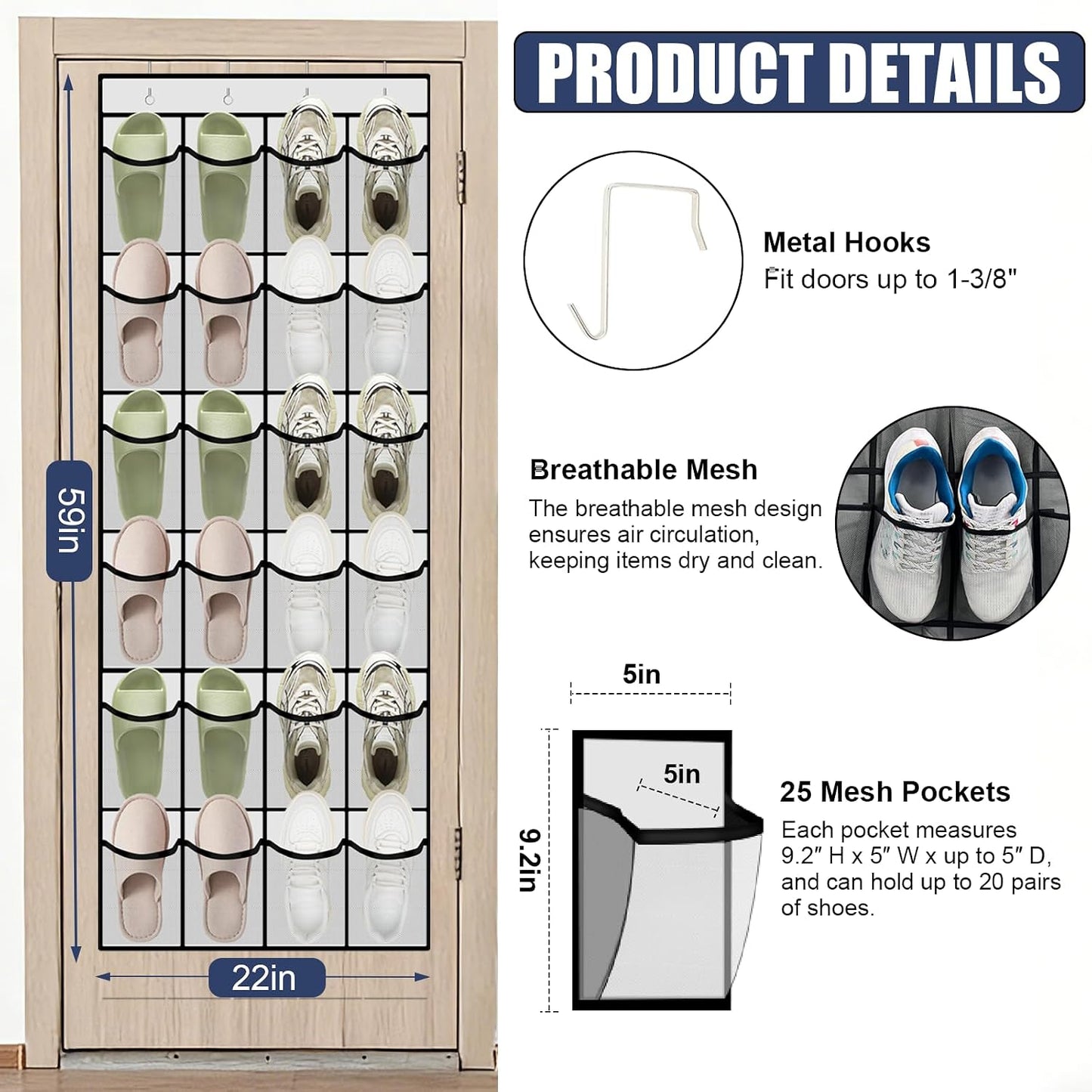 Over the Door Shoe Organizer - 24 Large Breathable Mesh Pockets, Space Saving Hanging Shoe Organizer with Metal Hooks, Hanging Shoe Rack for Men's and Women's Shoes (White)