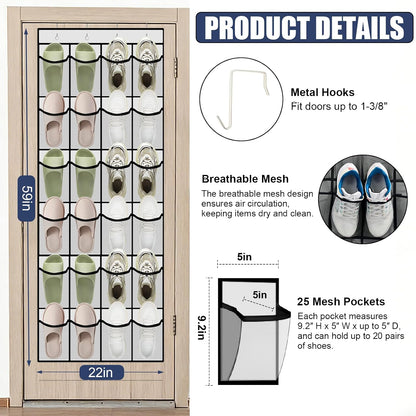 Over the Door Shoe Organizer - 24 Large Breathable Mesh Pockets, Space Saving Hanging Shoe Organizer with Metal Hooks, Hanging Shoe Rack for Men's and Women's Shoes (White)