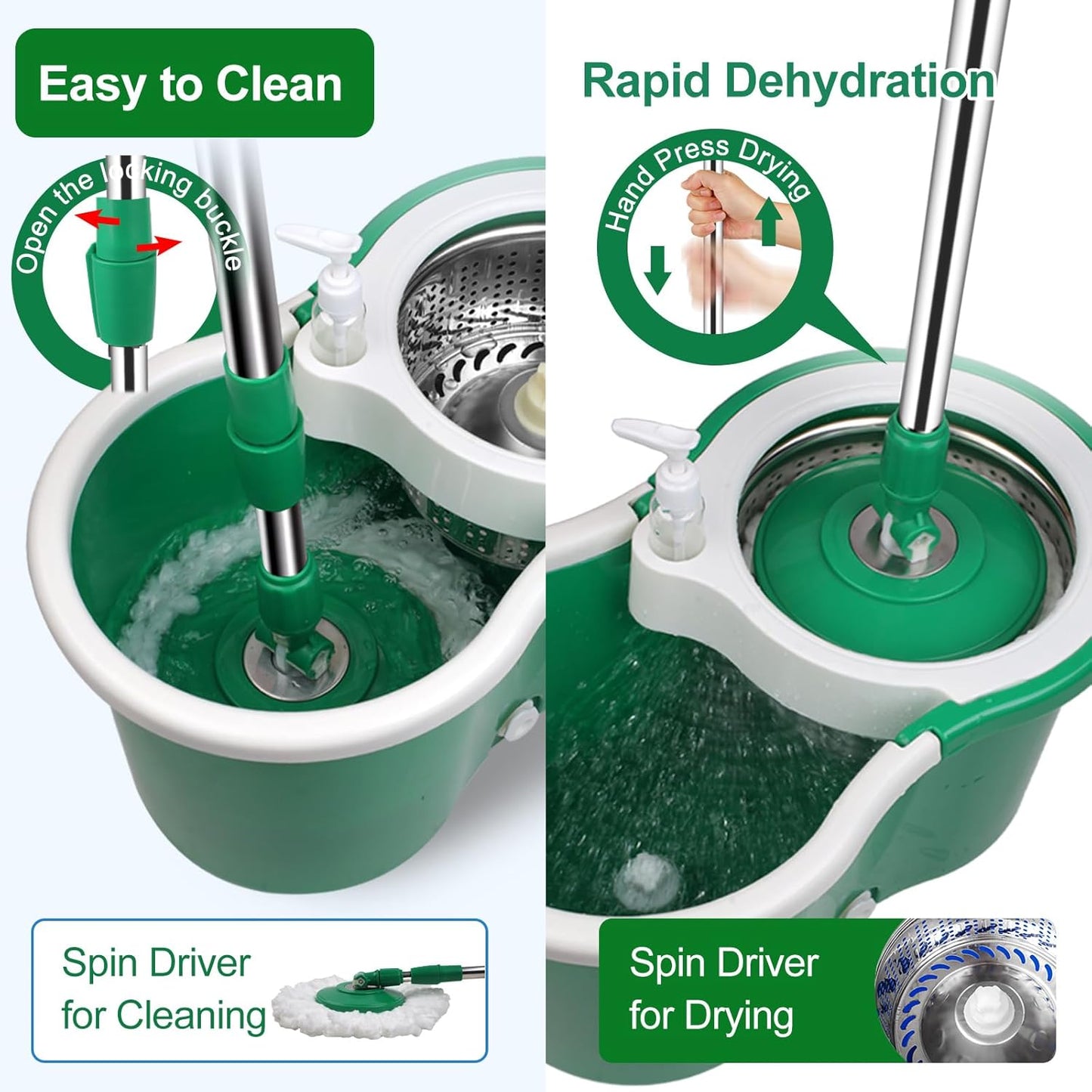 Spin Mop and Bucket with Wringer Set, 360° Rotating Head Mop Bucket System with 3 Microfiber Mop Refills Wet and Dry Suitable for Office and Home Use, Green (Black-Plus)