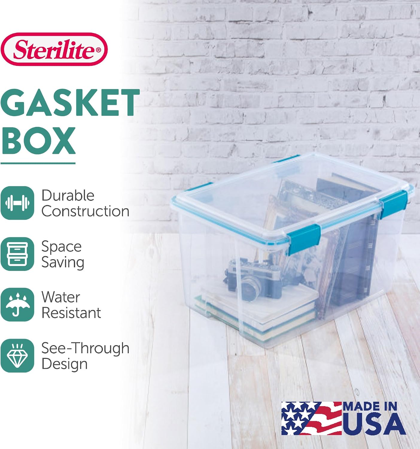 Sterilite 4-Pack Gasket Box, Home Storage Organizer Bins with Lids, 37 Quart – Stackable Clear Plastic Containers for Bedroom, Bathroom, Garage, Basement, or Attic