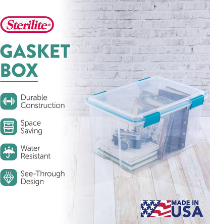 Sterilite 4-Pack Gasket Box, Home Storage Organizer Bins with Lids, 37 Quart – Stackable Clear Plastic Containers for Bedroom, Bathroom, Garage, Basement, or Attic