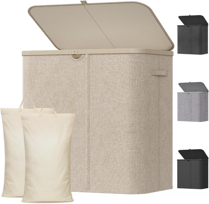 Lifewit 165L Large Laundry Basket with Lid, Laundry Hamper with Plastic Handles and Removable Bag, Foldable Tall Dirty Clothes Hampers for Laundry for Laundry Room, Bedroom, Bathroom, Dorm, Beige
