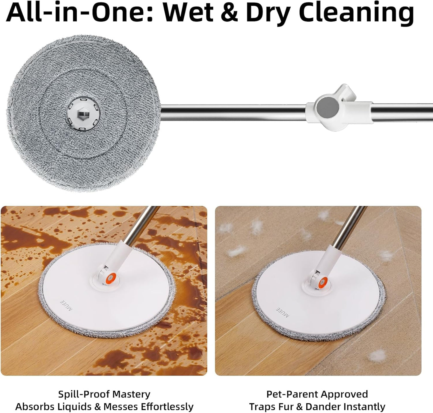 3-in-1 Spin Mop and Bucket Set with Clean Water Separation, 71” Extra Long Handle for Wall Cleaning, 3 Specialized Heads for Baseboards & Corners, 6 Microfiber Refills for Hardwood Floor Care