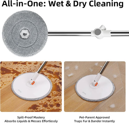 3-in-1 Spin Mop and Bucket Set with Clean Water Separation, 71” Extra Long Handle for Wall Cleaning, 3 Specialized Heads for Baseboards & Corners, 6 Microfiber Refills for Hardwood Floor Care