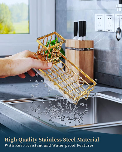 Consumest Sponge Holder for Kitchen Sink - Kitchen Sink Caddy Organizer with Removable Drip Tray for Countertop Dish Soap Dispenser Brush Storage Accessories 304 Stainless Steel - Black
