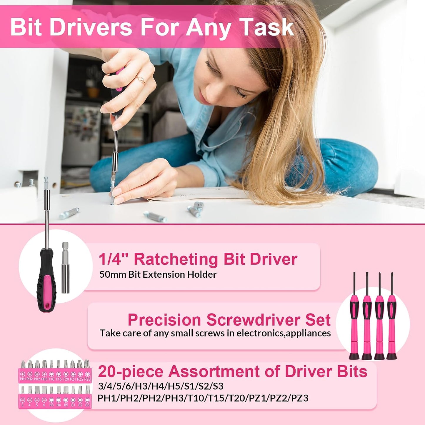 THINKWORK Pink Tool Set - 207 Piece Lady's Portable Home Repairing Tool Kit with 13'' Wide Mouth Open Storage Tool Bag, Perfect for DIY, Home Maintenance - Christmas Gift for Women, LHTS-034