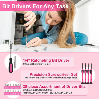 THINKWORK Pink Tool Set - 207 Piece Lady's Portable Home Repairing Tool Kit with 13'' Wide Mouth Open Storage Tool Bag, Perfect for DIY, Home Maintenance - Christmas Gift for Women, LHTS-034