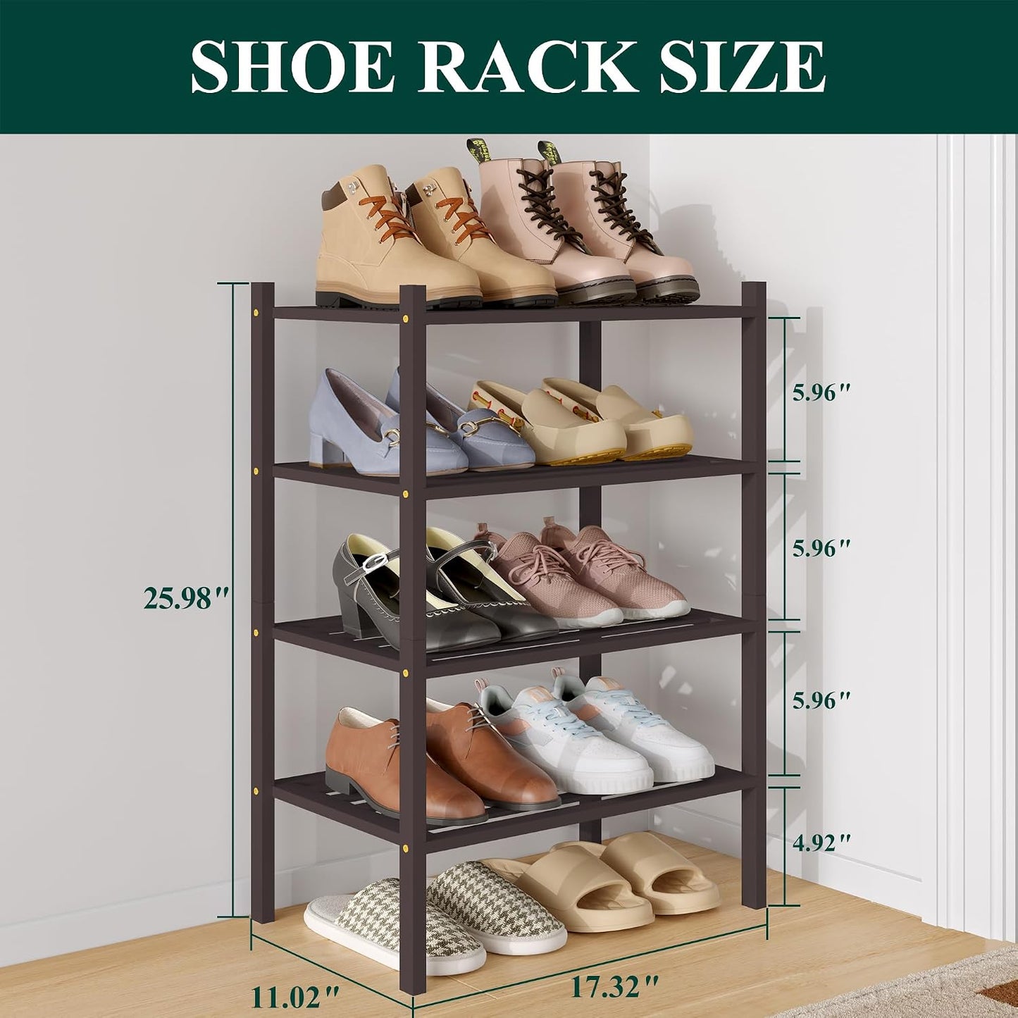 Smiry Bamboo Shoe Rack, 3 Tier Free Standing Wooden Shoe Organizer, Stackable Wood Shoe Storage Shelf for Closet, Entryway, 5 Horizontal Slats, 26.8"x11"x18.3", Natural