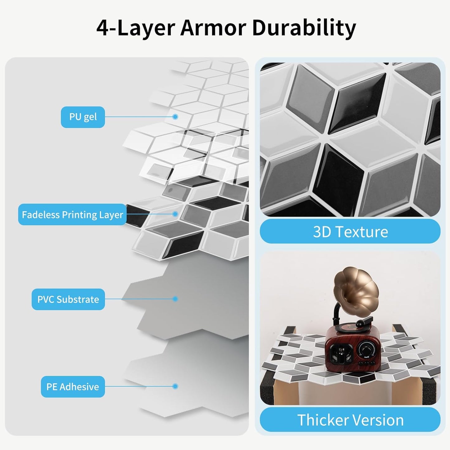 Art3d 10-Sheet Peel and Stick Backsplash Tiles, 12x12 Inch Self-Adhesive 3D Wall Tiles for Kitchen, Bathroom, Countertop - Thickened Waterproof Design (Graphite Gray)