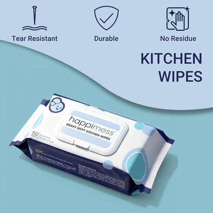 happimess WPE1003A Reusable Heavy Duty Kitchen Wipes, Strong & Durable Multi-Surface Cleaning Cloths for Counters, Stovetops & Grease, Streak-Free & Unscented, 50 Count, 8" x 10"