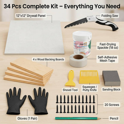 Drywall Repair Kit，34 Pcs 12x12inch Wall Patch Kit with Saw& Wood Boards，Drywall Patch Kit for Large Holes，Sheetrock Repair Kit for Cracks, Dents & Nail Holes-Quick & Easy Wall Surface Repair Solution