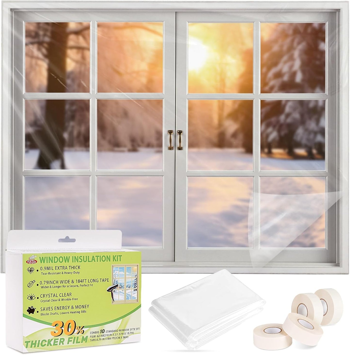 FLYZZZ Patio Door Window Insulation Kit, 84X120in Heavy Duty (0.9 Mil) Winter Shrink Film, Indoor Plastic Covering with Wide Tape for One Standard Patio Door/Extra Large Window
