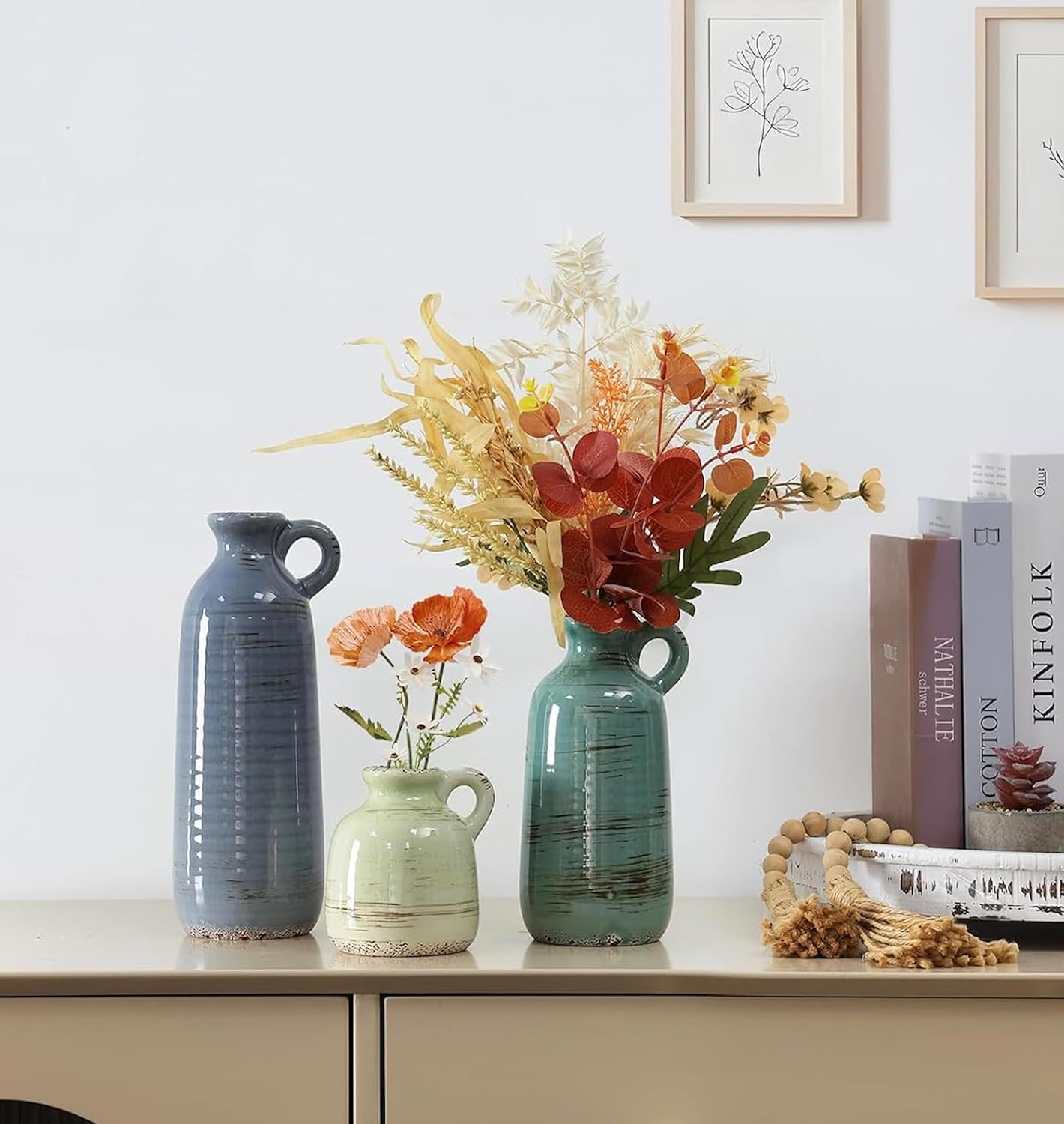 CUCUMI Ceramic Vase Set of 5, Home Decor Farmhouse Décor Handmade Pottery Vases for Pampas Grass, Dried Fresh Flowers, Table, Living Room, Kitchen, Shelf, Entryway Mantel Neutral Tones