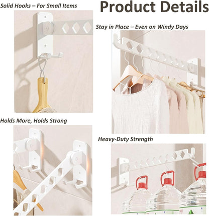 Laundry Drying Rack Wall Mounted Foldable Clothes Drying Rack for Laundry Room, Stainless Steel 11 Hanging Points No-Slide Folding Arm with 4 Angles Rustproof for Bathroom – White 2 Pack