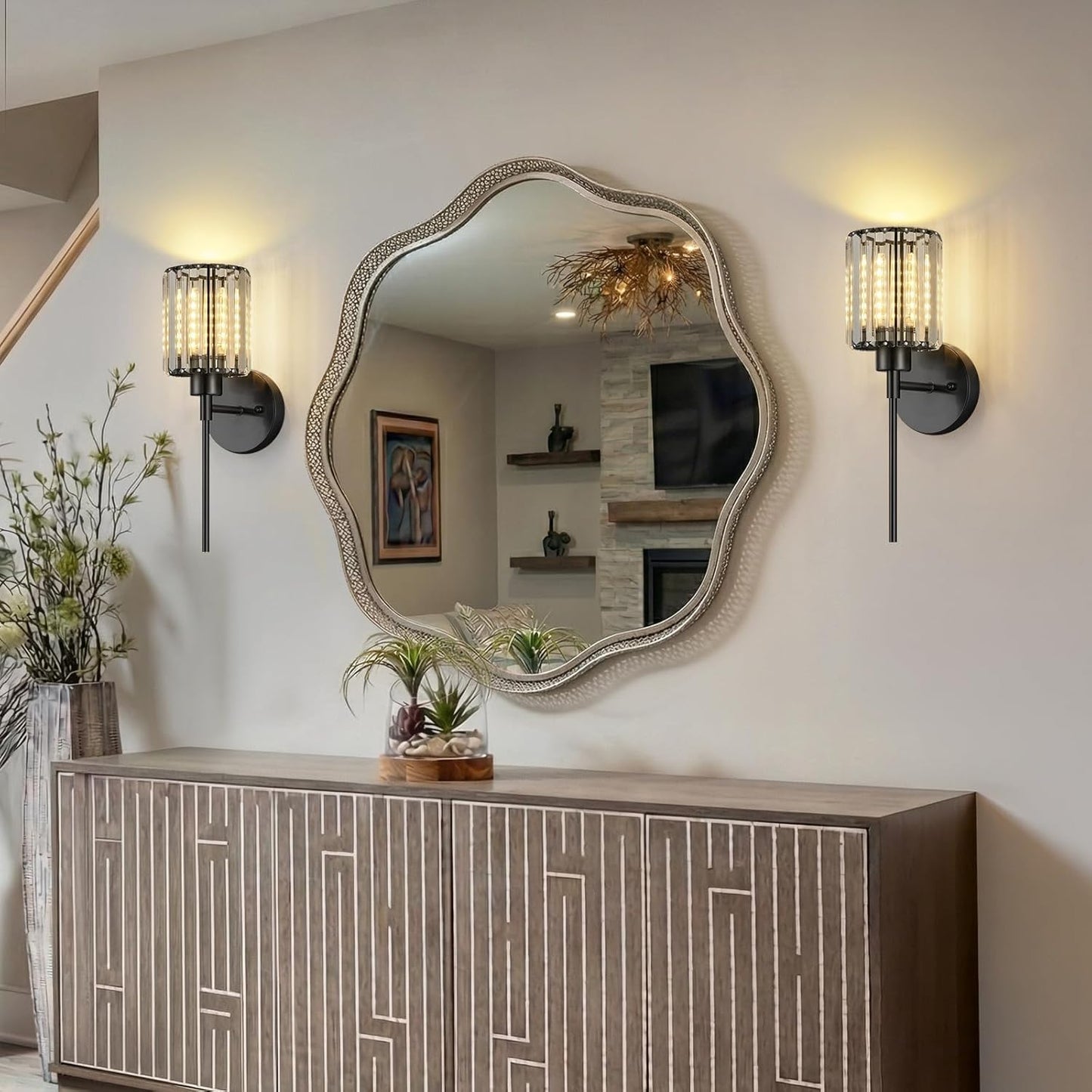 Crystal Battery Operated Wall Sconces, Brushed Gold Rechargeable Wireless Wall Sconce Lights with Dimmable Bulbs and Remote, 12 Colors and 3CCT Dimmable Crystal Lamps for Living Bedroom, 3000~6000K
