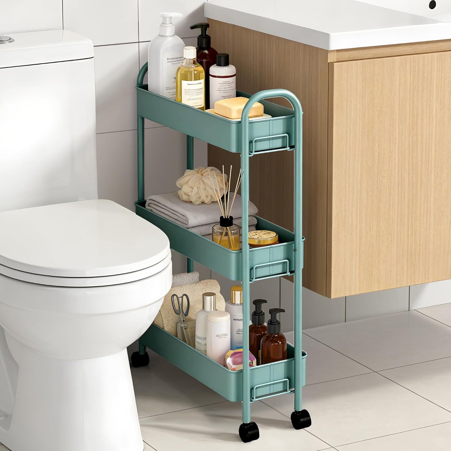 Slim Rolling Cart, Metal Frame Utility Rolling 3-Tier Narrow Storage Cart with Handle Kitchen Storage Organizer, Mobile Shelving Unit for Bathroom Kitchen