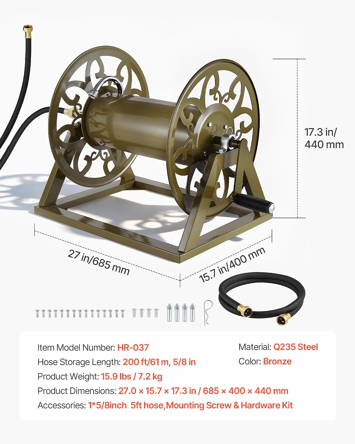 VEVOR Wall Mounted Garden Hose Reel, Holds 125 ft 5/8-inch Hose, Heavy-Duty Water Hose Winder, Space-Saving Design, Outdoor Manual Reel with Brass Fitting and Storage Basket for Yard Lawn