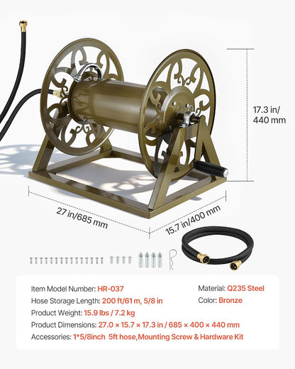 VEVOR Wall Mounted Garden Hose Reel, Holds 125 ft 5/8-inch Hose, Heavy-Duty Water Hose Winder, Space-Saving Design, Outdoor Manual Reel with Brass Fitting and Storage Basket for Yard Lawn