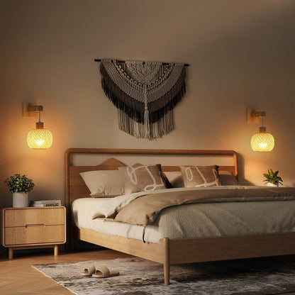 Battery Operated Wall Sconce with Remote Set of 2, Rechargeable Rattan Wall Sconces with 8000mAh Bulbs, Woven Bamboo Wall Light/Lamp Boho Wall Sconce for Bedroom (Black)