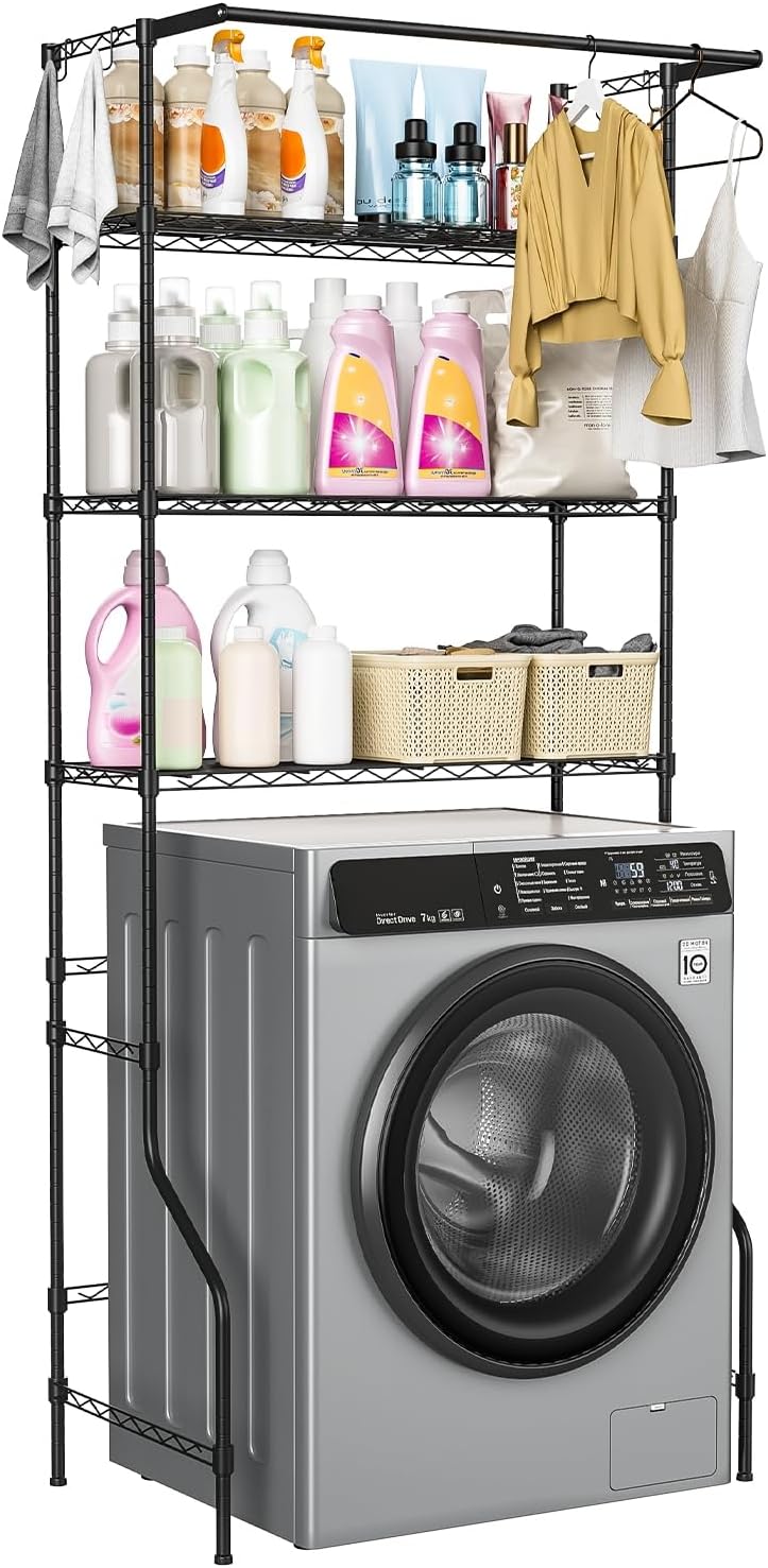 Laundry Room Shelf 3-Tier Metal Over Washer Dryer Storage Rack with Adjustable Height & Hanger Pole Freestanding Shelves for Laundry Room Organizer Black