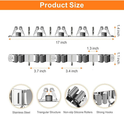 CUXIXA Mop and Broom Holder Wall Mount, Upgraded Broom Organizer Wall Mount, Stainless Steel Broom Hanger Wall Mount for Home Kitchen Garden Laundry Garage (3 Racks with 4 Hooks)