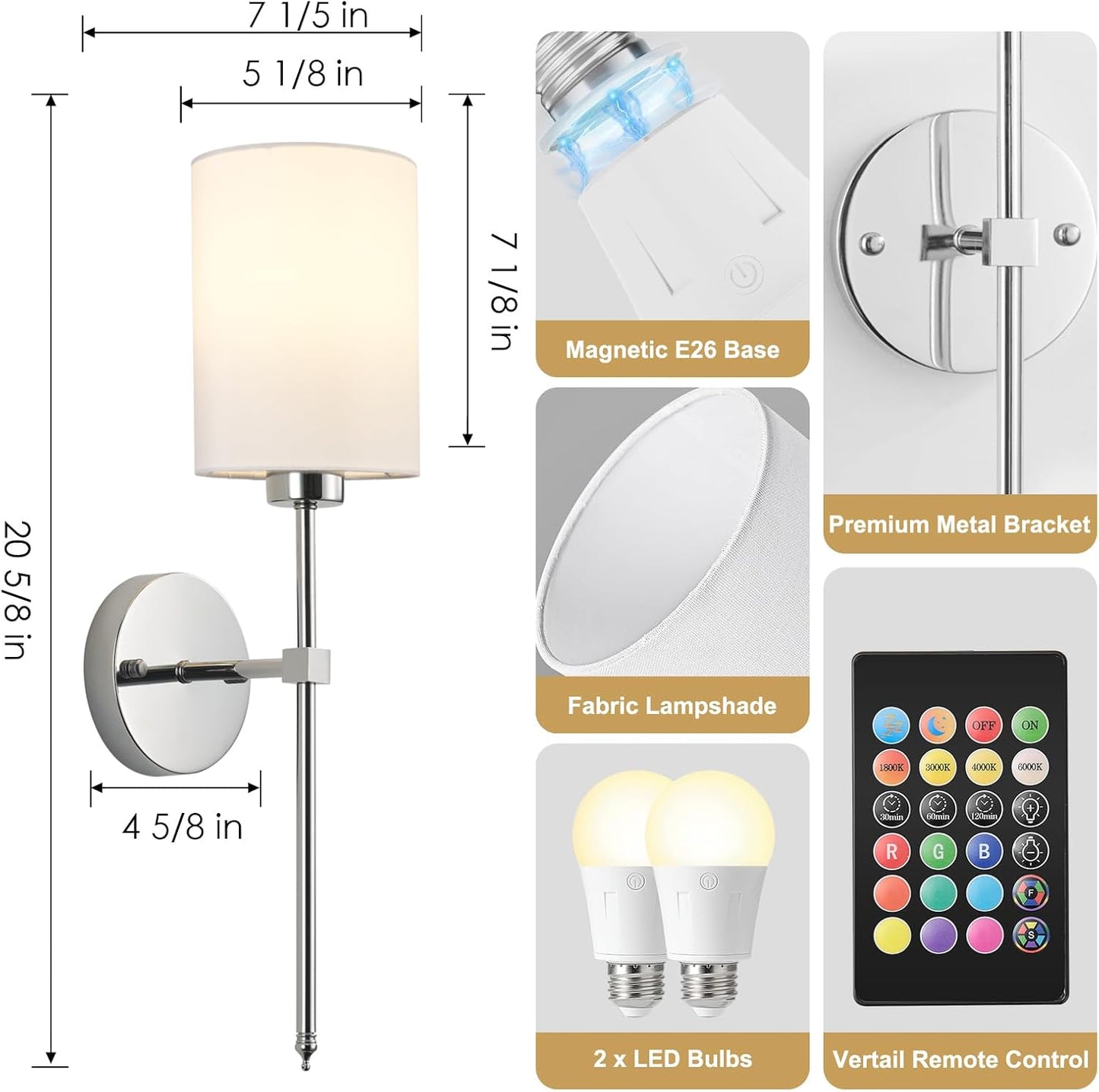 Battery Operated Wall Sconces Set of Two,Wireless Rechargeable Wall Light With Remote Control, Dimmable, Amber Light/Warm White/Natural White/Daylight/RGB, Timer,for Living Room,Bedroom,Entryway,Gold