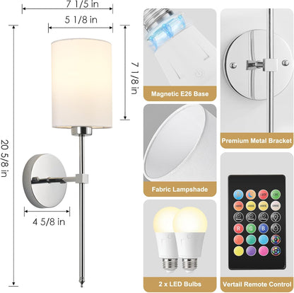 Battery Operated Wall Sconces Set of Two,Wireless Rechargeable Wall Light With Remote Control, Dimmable, Amber Light/Warm White/Natural White/Daylight/RGB, Timer,for Living Room,Bedroom,Entryway,Gold