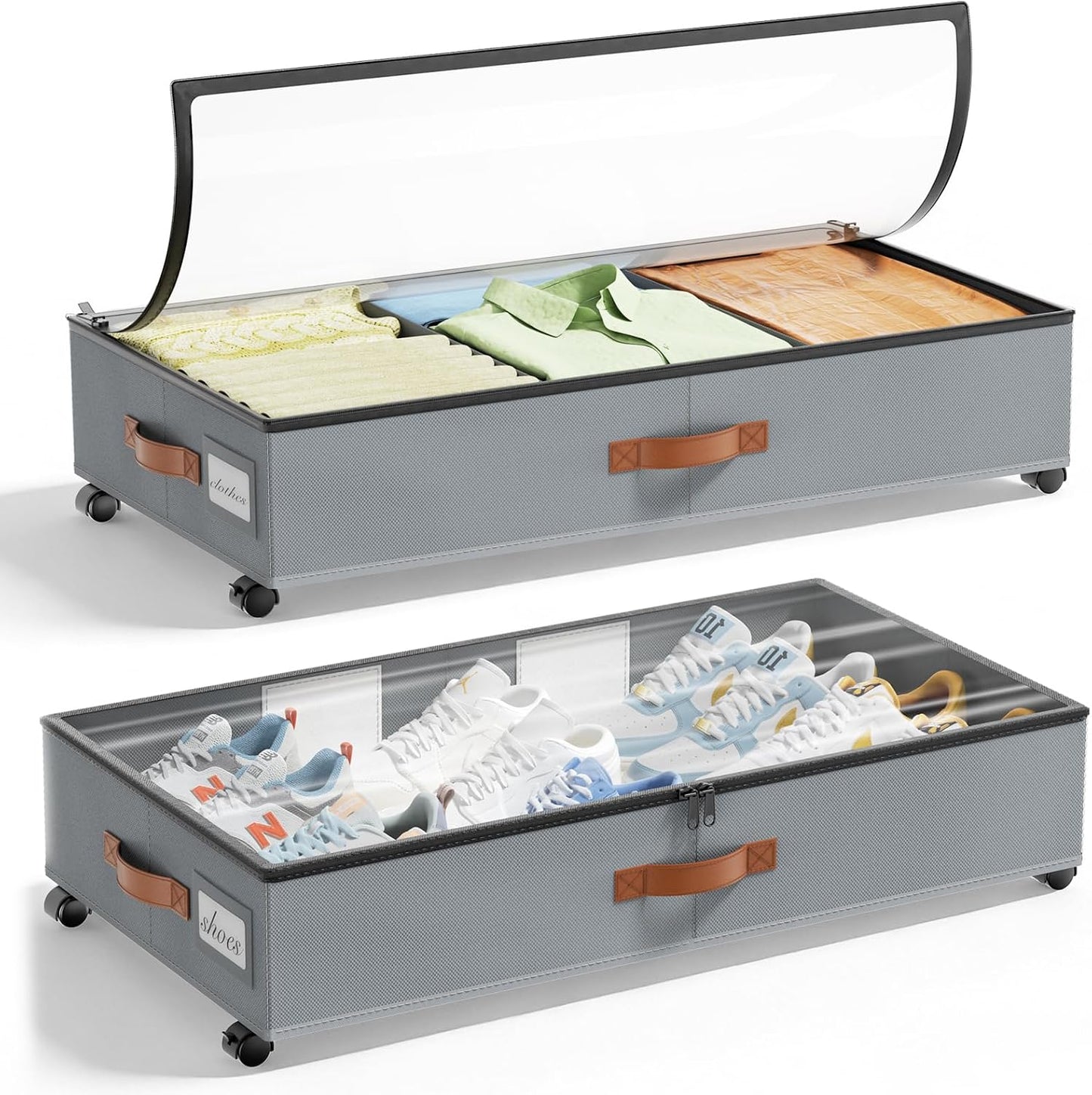 LAMU Under Bed Storage with Wheels, 2 Pack Under Bed Storage Containers with Clear Lids & Label, Rolling Under Bed Drawers for Clothes, Shoes, Blankets, Black