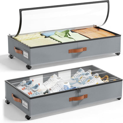 LAMU Under Bed Storage with Wheels, 2 Pack Under Bed Storage Containers with Clear Lids & Label, Rolling Under Bed Drawers for Clothes, Shoes, Blankets, Black