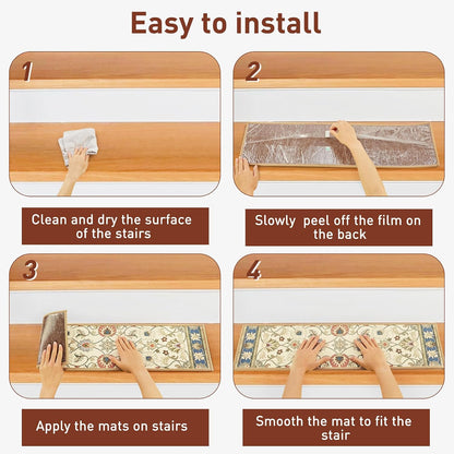 Stair Treads for Wooden Steps Indoor, 15 Pack 8" X 30" Non Slip Carpet Stair Treads with Reusable Adhesive for Kids Elders and Dogs, TPR Backing Stair Rugs Oriental Staircase Step Treads,Bohemia