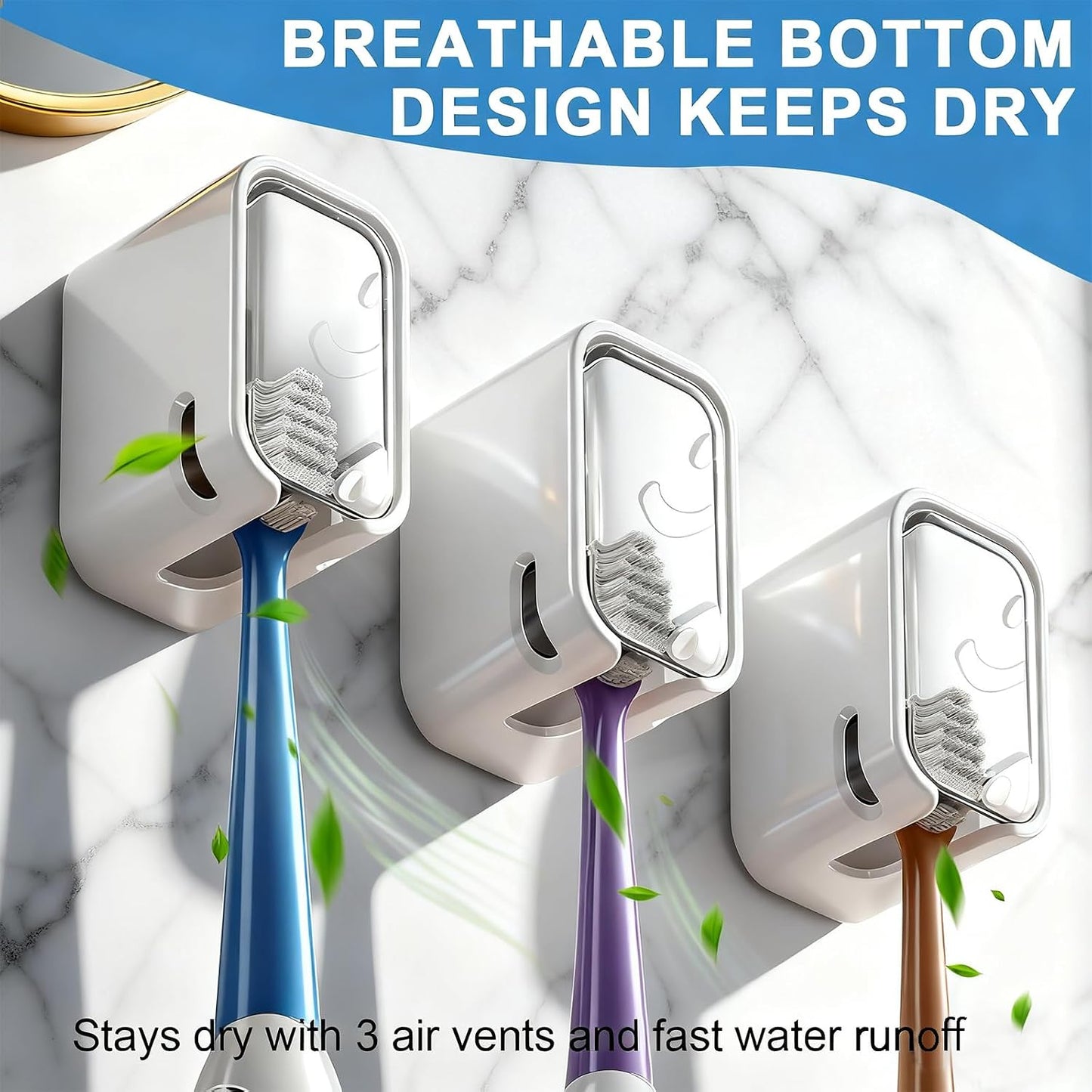 Toothbrush Holders for Bathroom - 3 Pack, Single Slot Space-Saving Design 2.0, Wall Mounted with Cover for Shower, Single Tooth Brush Holder Dispenser Storage Organizer for Family & Travel